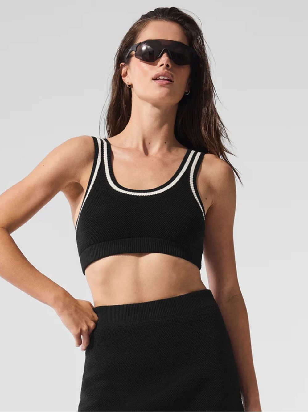 ALO Yoga Black Knit Tank Sweater with White Stripe Trim